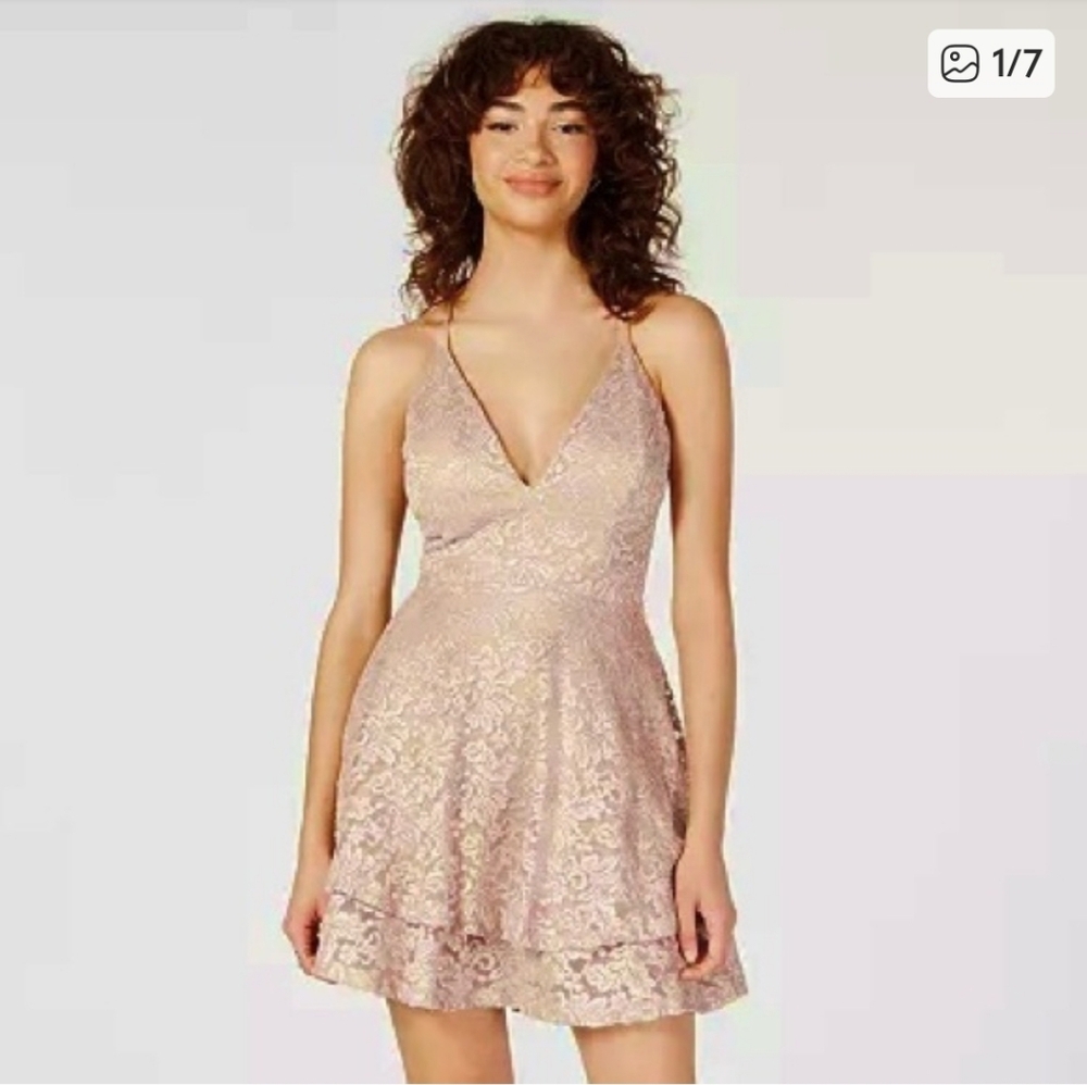 Emerald Sundae Glitter Blush Nude Mini Tiered Lace Cut Out Back Skater Dress XL